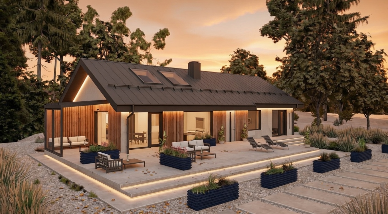 Дом вечером с подсветкой